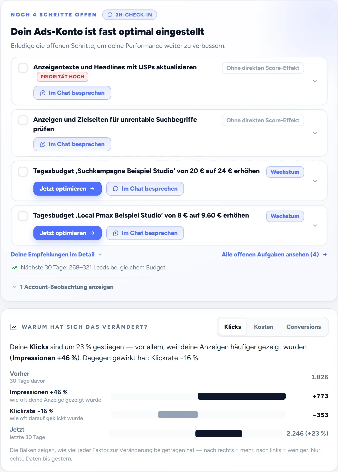 Check-In im Good Ads Copilot: vier offene Schritte mit Begründung, Prognose für die nächsten 30 Tage und die Erklärung, warum sich die Klicks verändert haben